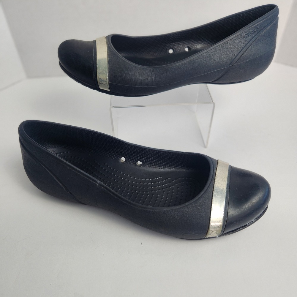 Crocs Cap Toe Flat Navy Blue Black Metallic Silver Ballet Shoes Womens 8